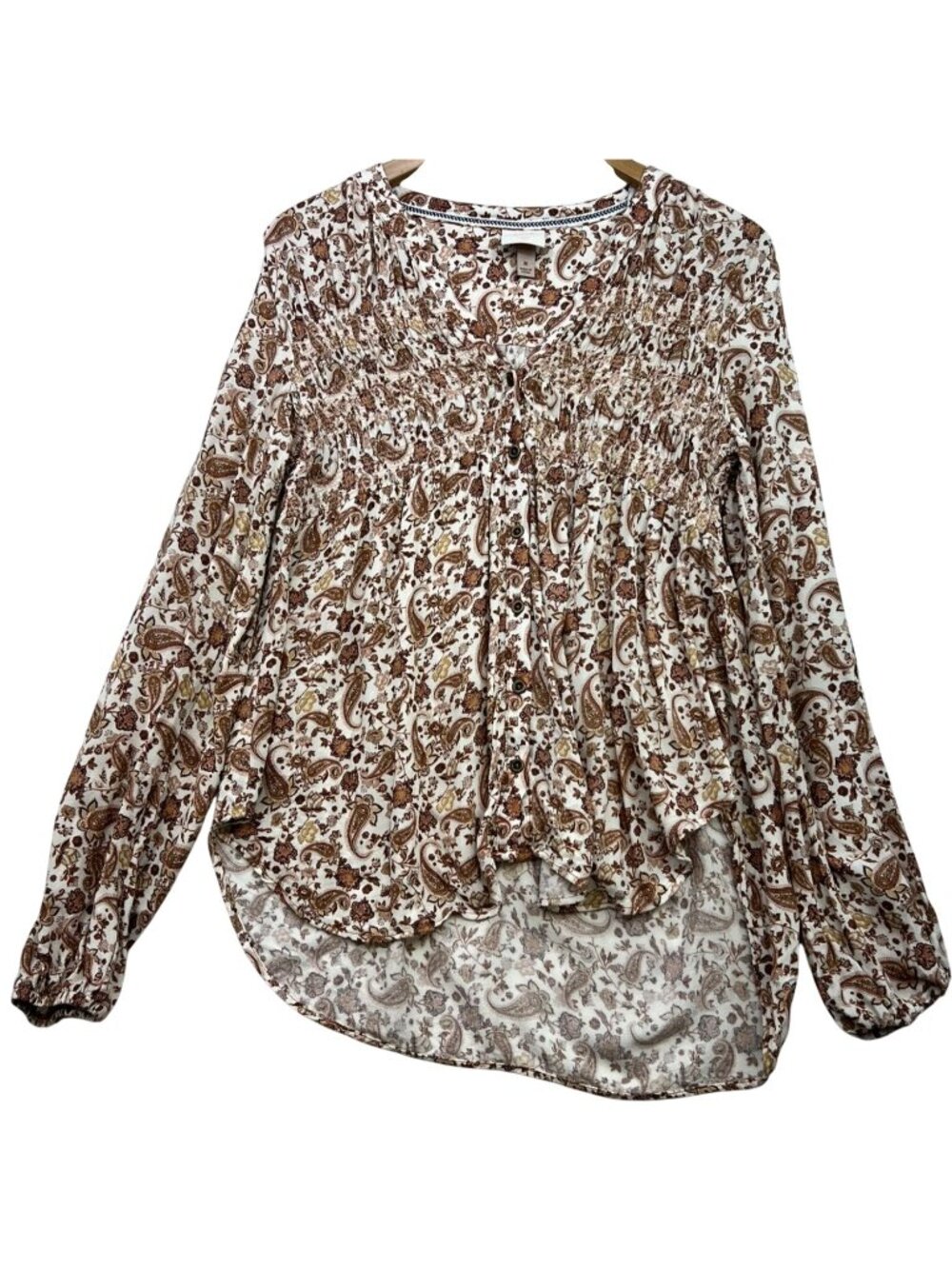 Knox Rose Women's Boho Button Up Tunic Blouse M White Tan Paisley Floral Smocked